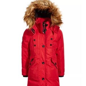 Red Hooded Parka with Faux-Fur Trim